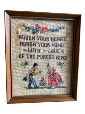 Needlepoint Art Adorn Your Heart & Mind with Love Picture 9x11 Vintage